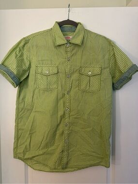 Michael Brandon Short Sleeve Green Gingham Button-Down Shirt